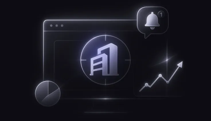 Digital interface with a building icon centered, a notification bell showing one alert, a pie chart, and an upward trending line graph.