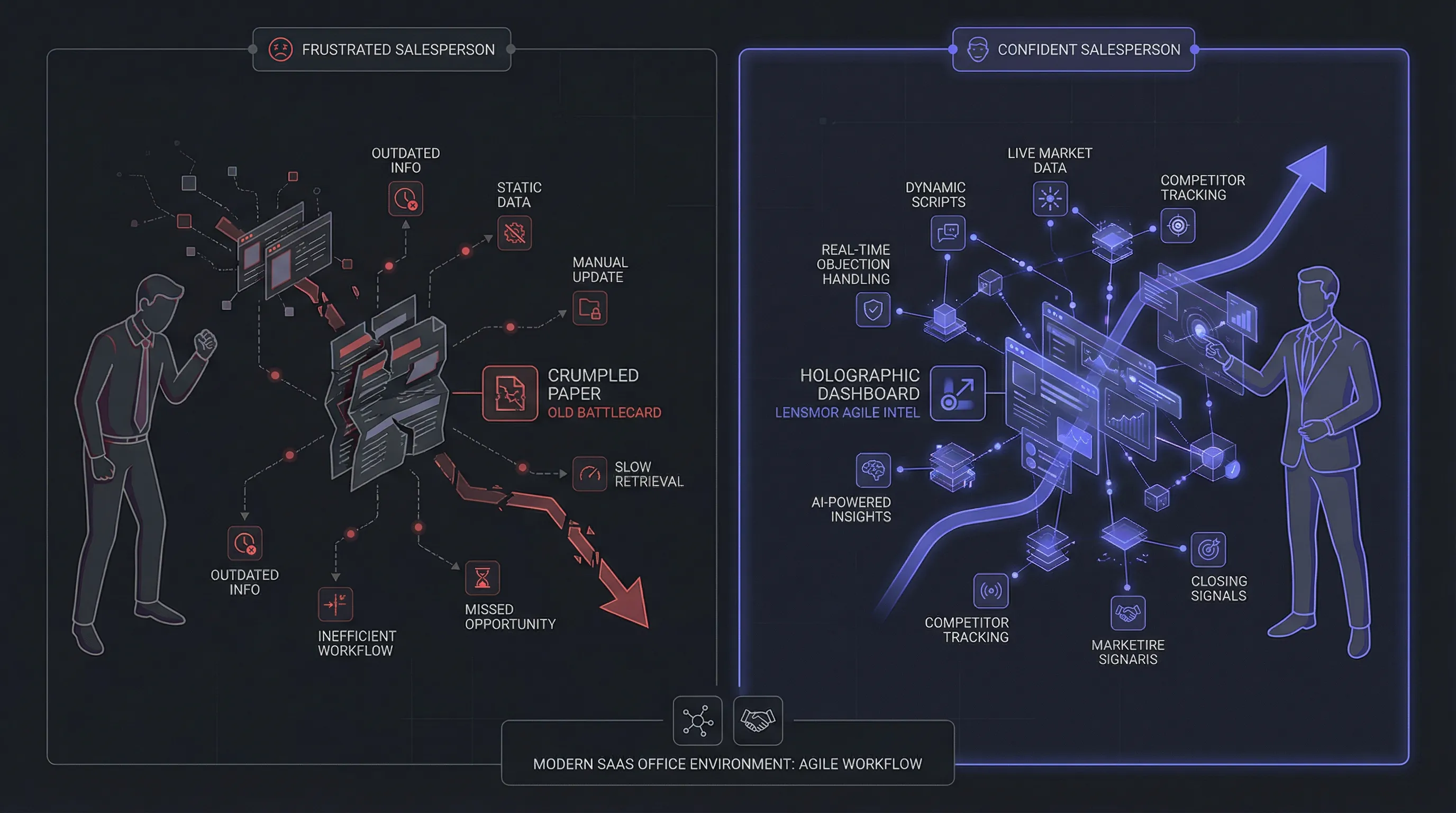Comparison of an old static sales Battlecard versus new dynamic agile competitive intelligence tools.